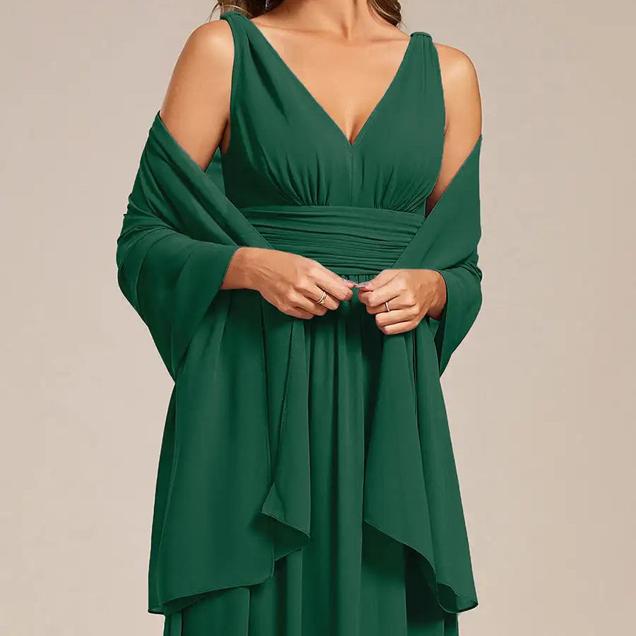 Chiffon shoulder wrap evening shawl in dark green, draped open-front design