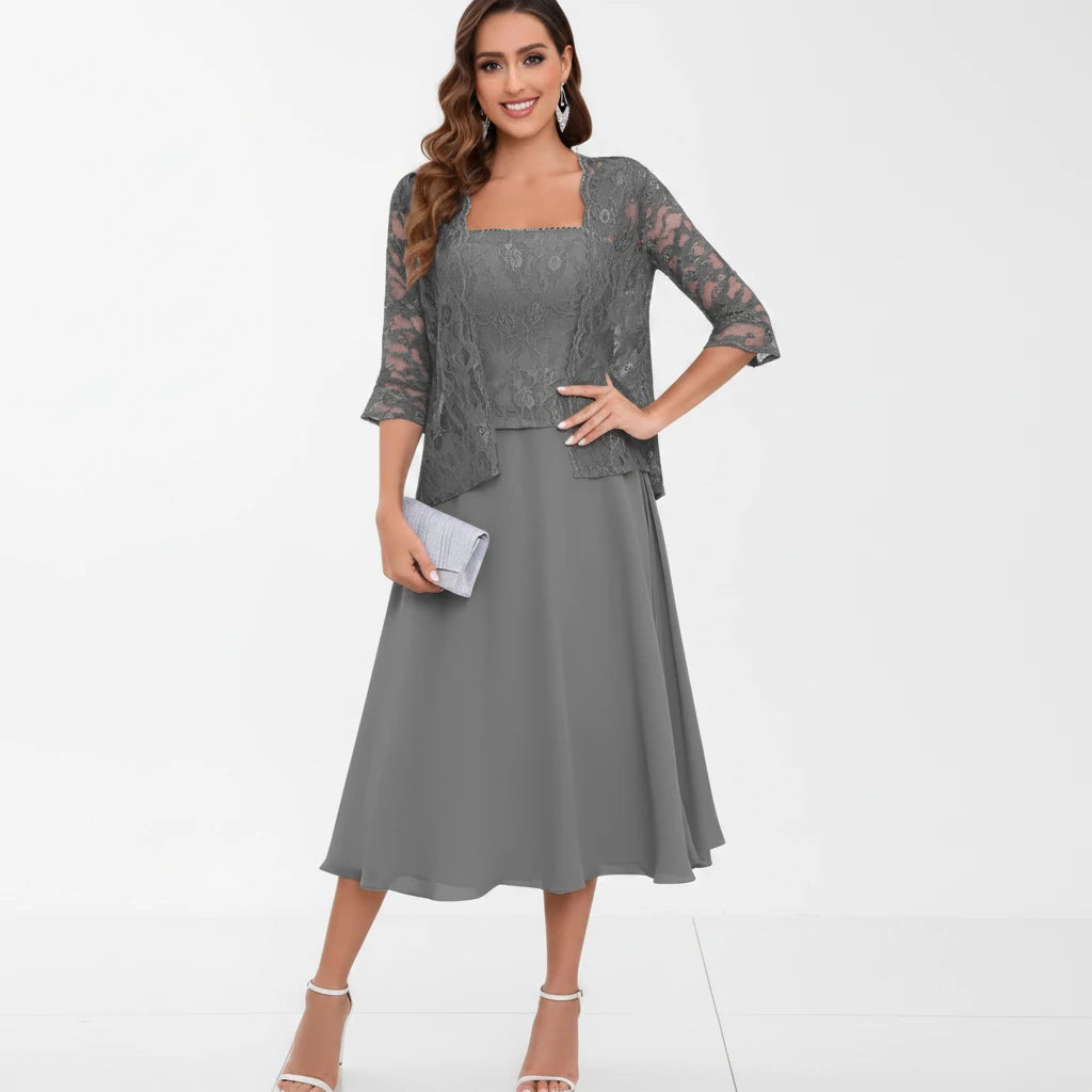 Grey two-piece dress set with lace overlay top and A-line chiffon midi skirt