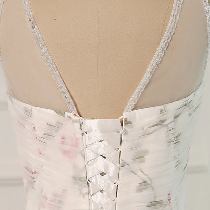 Floral organza wedding dress bodice with V-neck lining and crisscross waist lacing