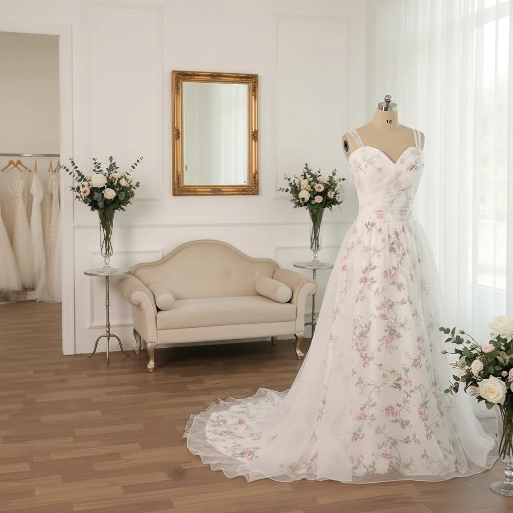 Floral A-line wedding dress with sweetheart off-shoulder neckline and flowing organza skirt