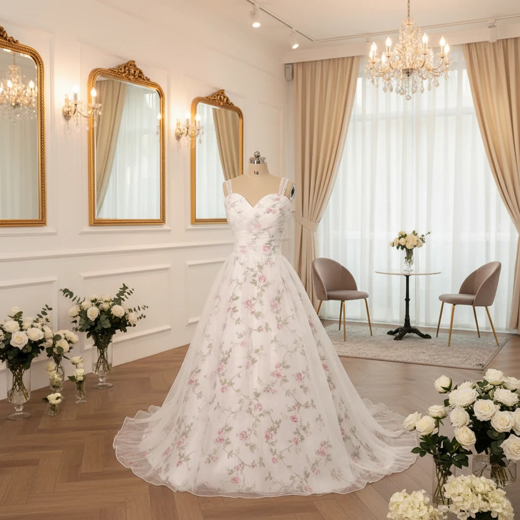 Floral A-line wedding dress with off-shoulder neckline, smocked bodice, and sheer organza skirt