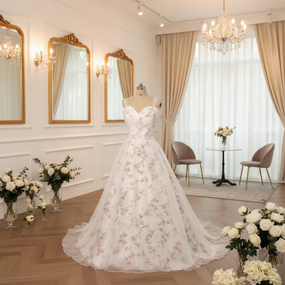 Floral A-line wedding dress with off-shoulder neckline, smocked bodice, and sheer organza skirt