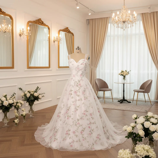 Floral A-line wedding dress with off-shoulder neckline, smocked bodice, and sheer organza skirt