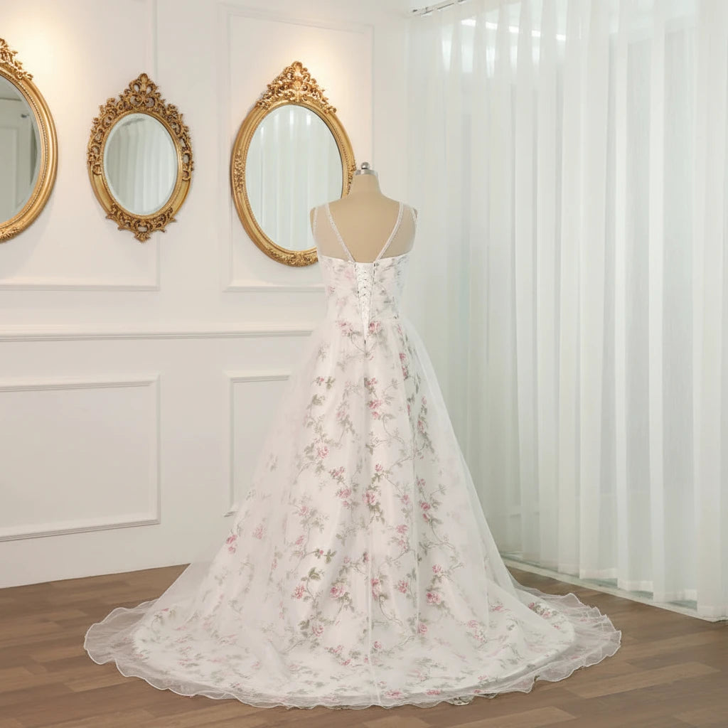 Floral A-line wedding dress with corset-style bodice and full tulle organza skirt