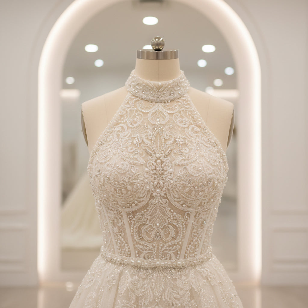 Ivory vintage wedding gown halter neckline with intricate beadwork and textured bodice