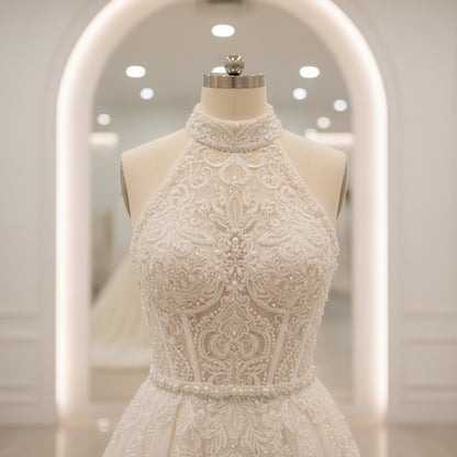 Ivory vintage wedding gown halter neckline with intricate beadwork and textured bodice