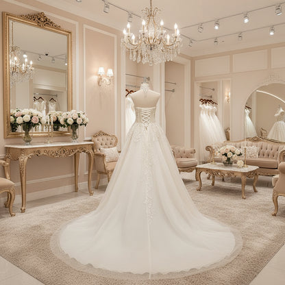 Ivory vintage wedding gown back view with beaded corset bodice and flowing tulle skirt
