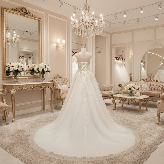 Ivory vintage wedding gown back view with beaded corset bodice and flowing tulle skirt