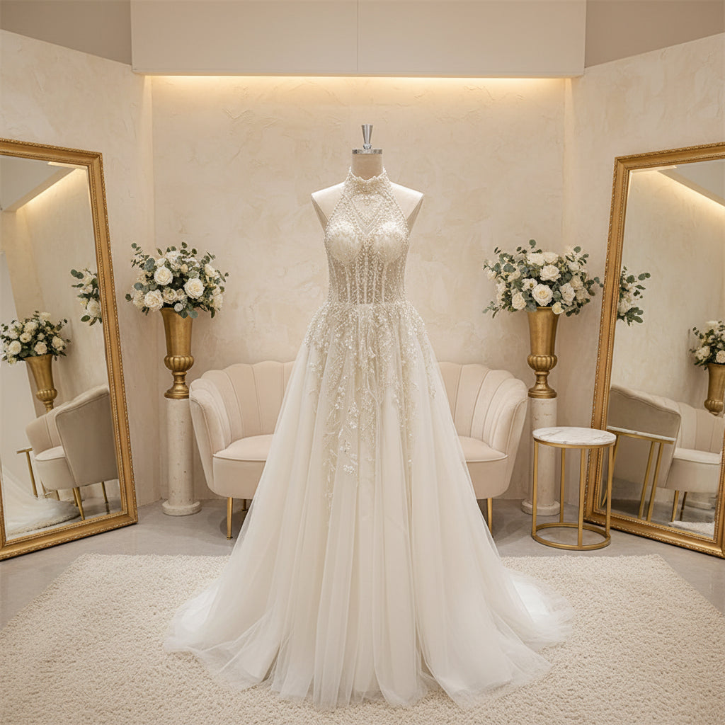 Ivory vintage halter wedding gown with beaded lace bodice and full tulle skirt