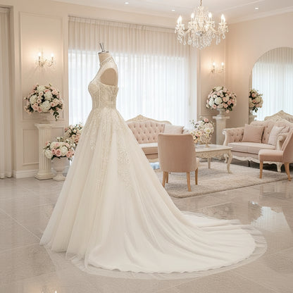 Ivory vintage wedding gown side view with beaded halter bodice and layered tulle skirt