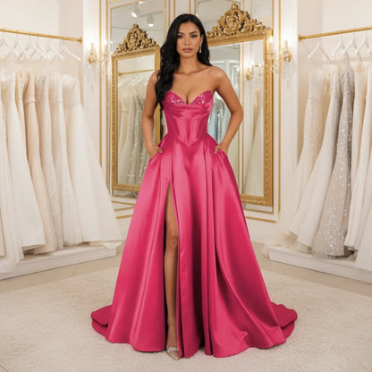 Hot pink strapless A-line satin dress with sequin bust and thigh-high slit