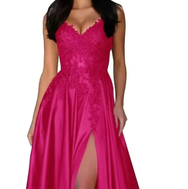 Hot pink satin evening dress with lace V-neck, spaghetti straps, A-line skirt, thigh slit