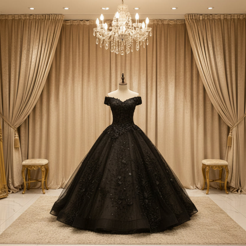 Black off-shoulder evening gown with glitter appliques and full ball skirt