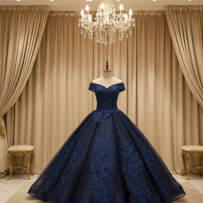 Off-shoulder navy evening gown with glitter appliques