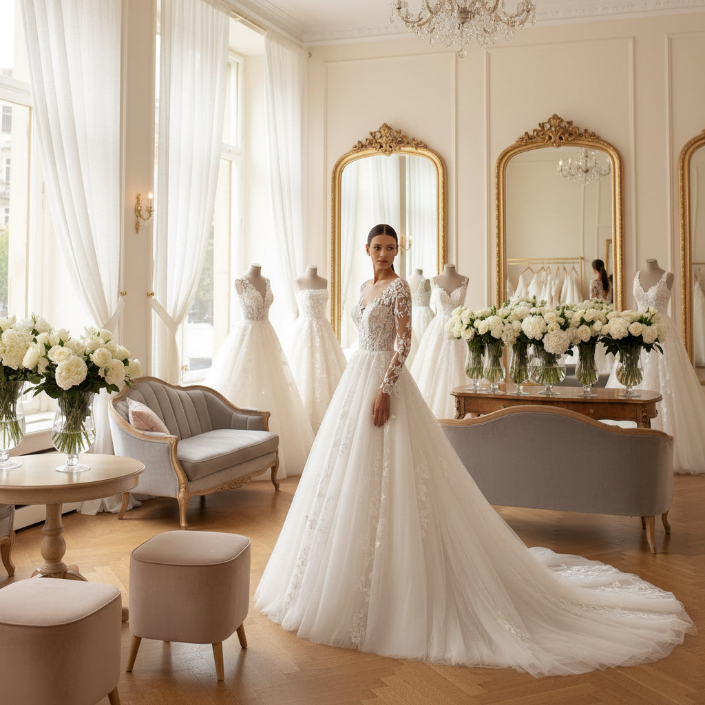 White illusion lace wedding dress with long sleeves, floral appliqué bodice, full skirt
