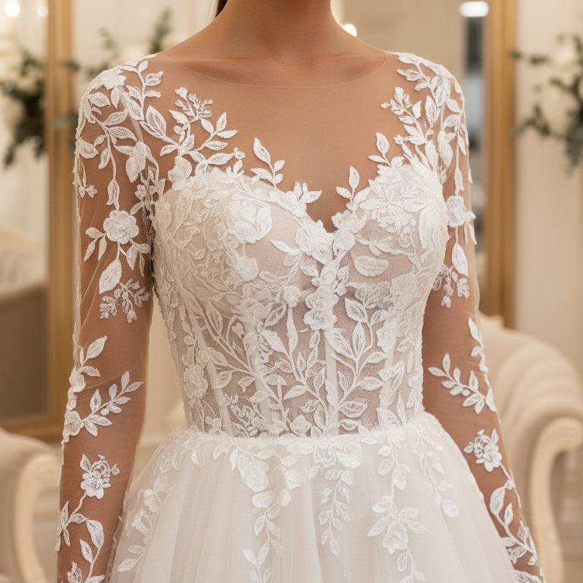 White illusion lace wedding dress with floral sleeves and embroidered bodice, full skirt