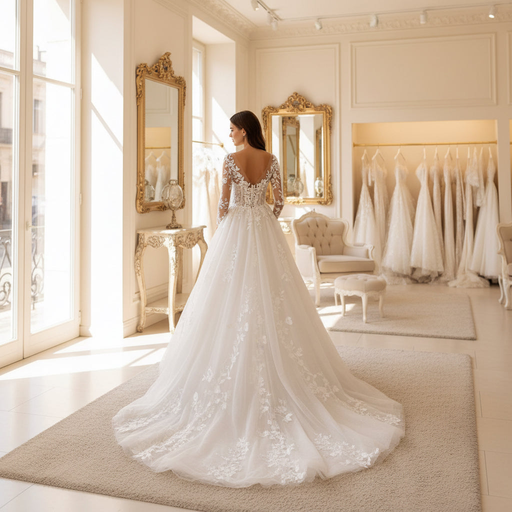 White lace illusion back wedding dress with long sleeves and embroidered full skirt