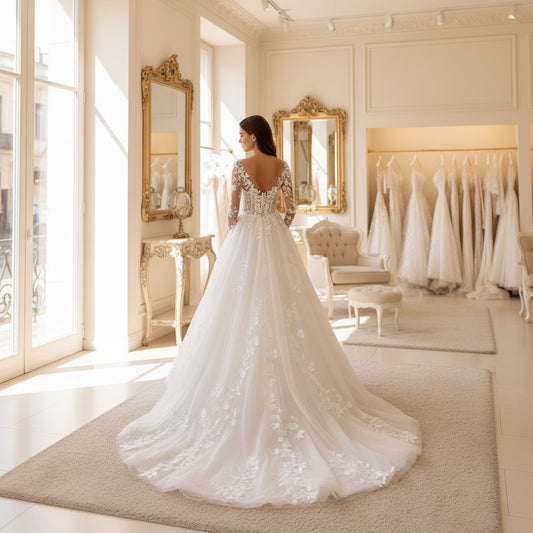White lace illusion back wedding dress with long sleeves and embroidered full skirt