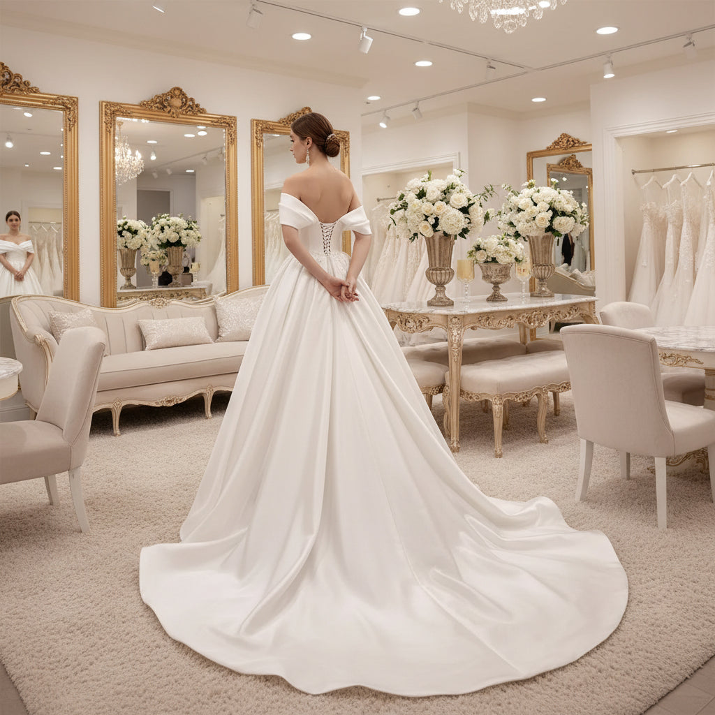 Back view of ivory satin off-shoulder bridal gown with corset lace-up and long sleeves