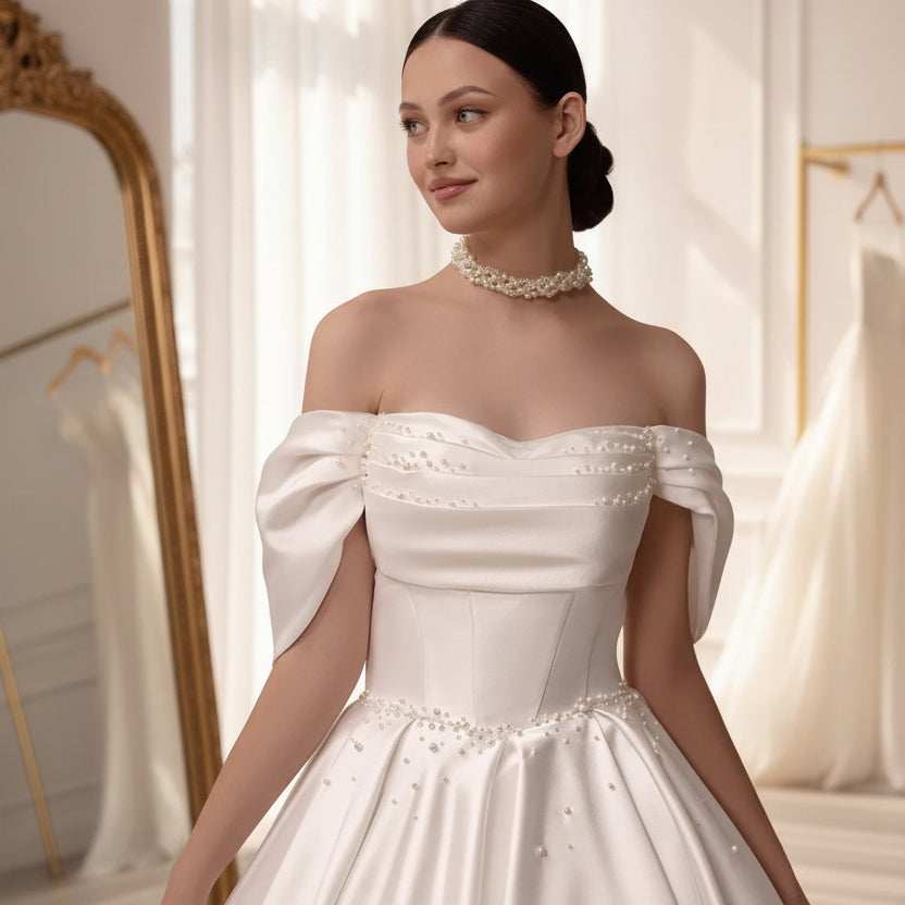 Ivory off-shoulder satin bridal bodice with pearl beading and sweetheart neckline