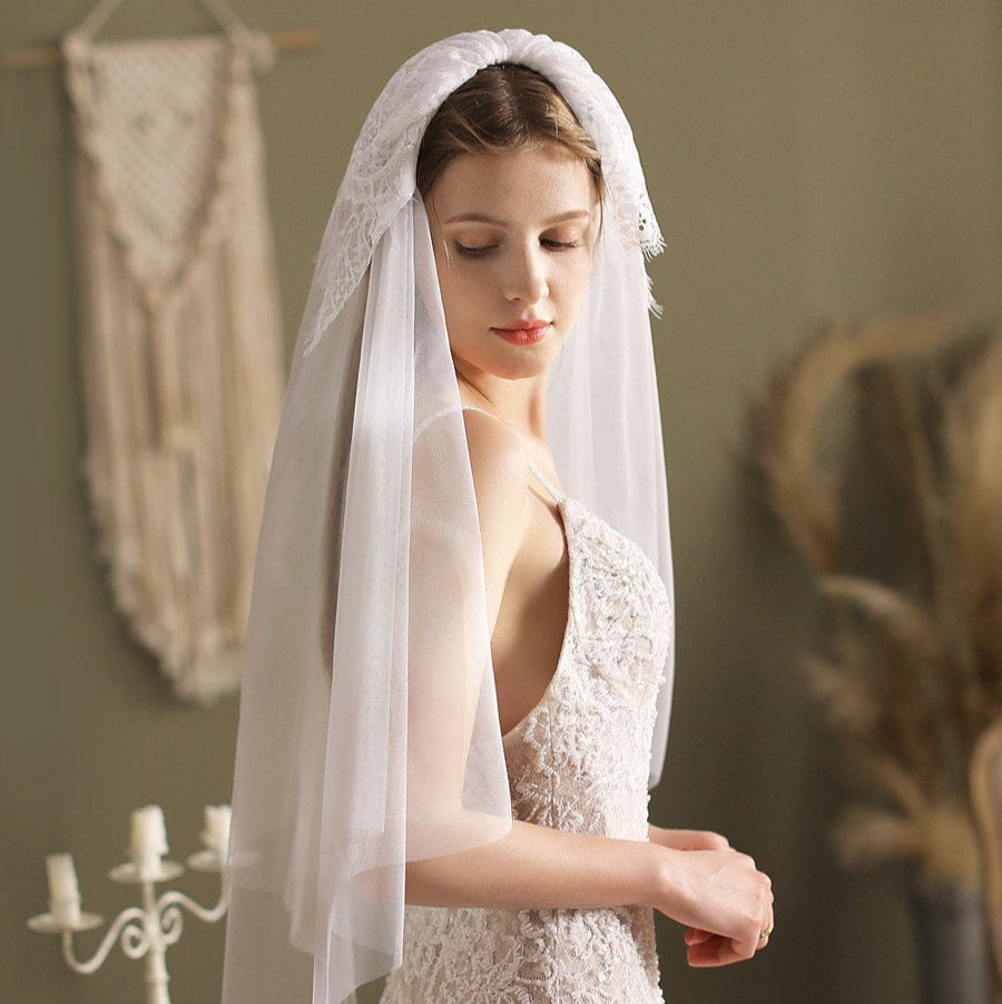 Ivory elbow-length veil with blusher, lace-trim edge and sheer front panel