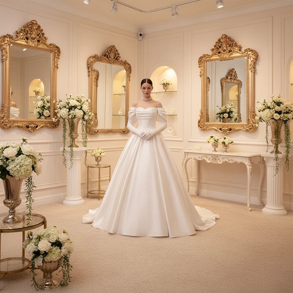 Ivory off-shoulder satin bridal gown with embellished corset bodice and full skirt