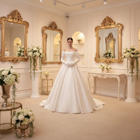 Ivory off-shoulder satin bridal gown with embellished corset bodice and full skirt
