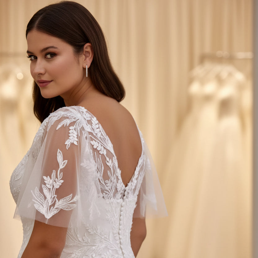 Ivory A-line lace wedding dress with V-neckline and floral appliqué on the bodice