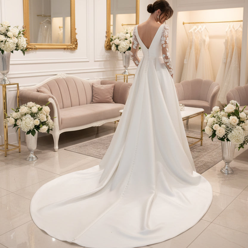 Ivory satin wedding dress, open back with lace long sleeves, flowing A-line skirt
