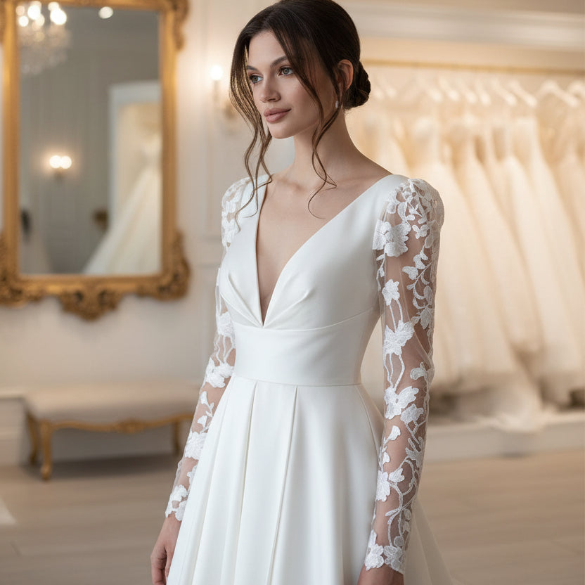 Ivory satin wedding dress with lace sleeves and deep V neckline, fitted waist and slit