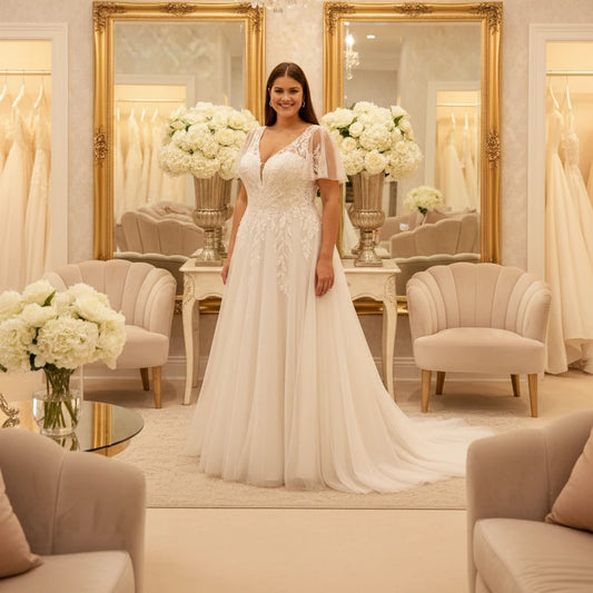 Ivory A-line lace wedding dress with V-neck, short flutter sleeves, and embroidered bodice