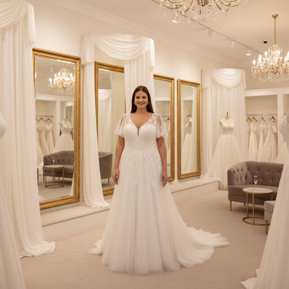 Ivory A-line lace wedding dress with V-neck, sheer sleeves, and full flowing skirt
