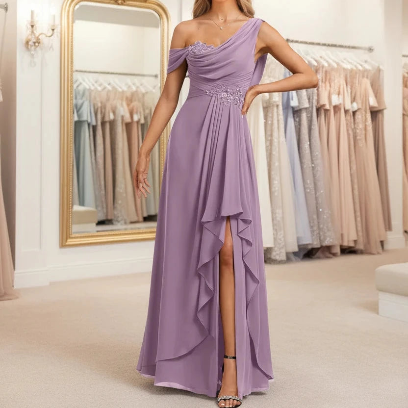Purple one-shoulder chiffon A-line dress with jeweled bodice details and asymmetric ruffle panel