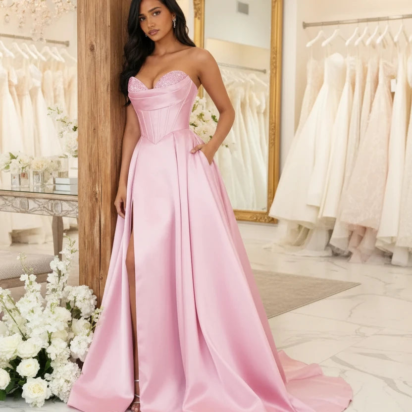 Strapless A-line satin dress with sequin bust and front slit, light pink.