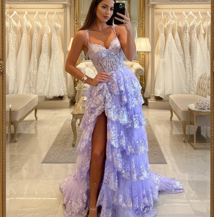 Lavender blue lace formal gown with sweetheart neckline and tiered ruffle skirt