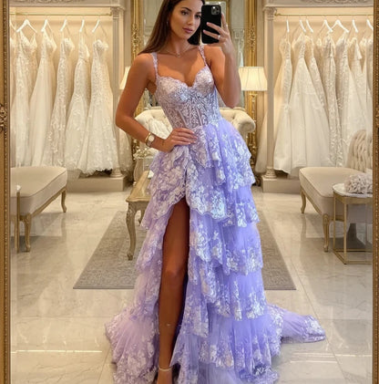 Lavender blue lace formal gown with sweetheart neckline and tiered ruffle skirt