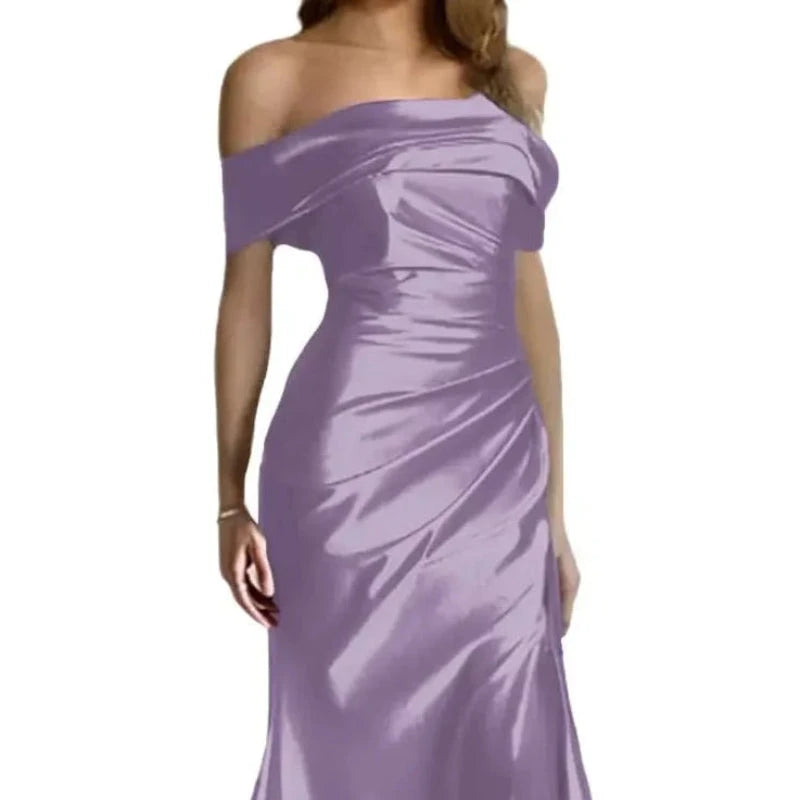Off-shoulder satin mermaid formal dress in lavender, draped bodice and fitted skirt