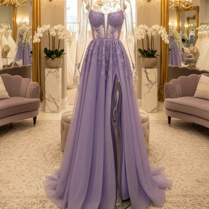 Purple glitter tulle formal dress with sweetheart neckline, corset bodice, side slit