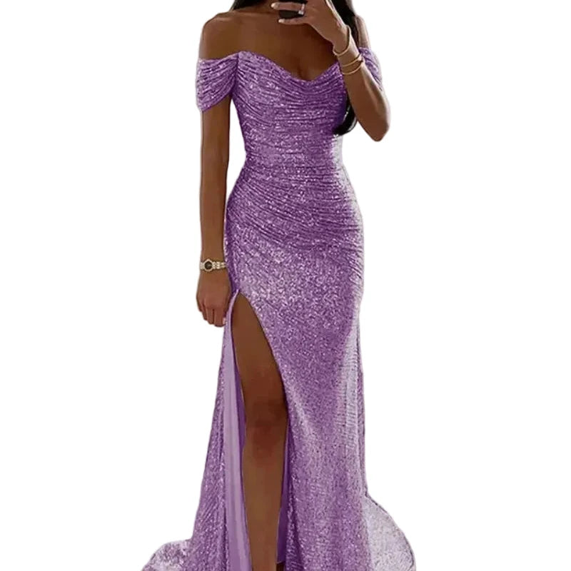 Off-shoulder sequin mermaid formal dress, sweetheart neckline, front slit; purple.