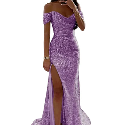 Off-shoulder sequin mermaid formal dress, sweetheart neckline, front slit; purple.