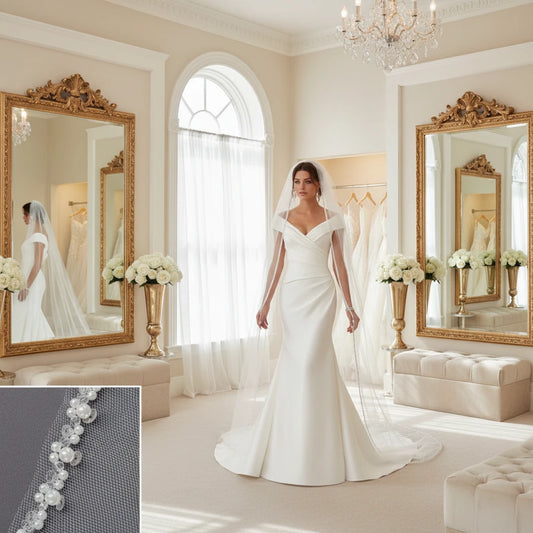 Ivory cathedral wedding veil with beaded edge, single tier, draped over shoulders