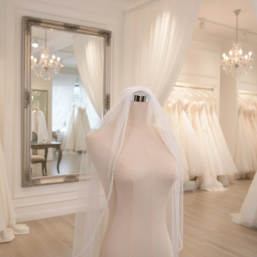 Ivory single-tier cathedral wedding veil with beaded border, shown on mannequin