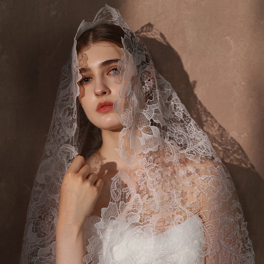 Ivory wedding veil with French lace floral pattern and scalloped edge, no comb