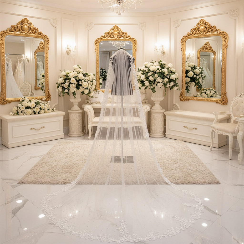 Bridal veil with layered tulle, floral lace edges, and pearl dots