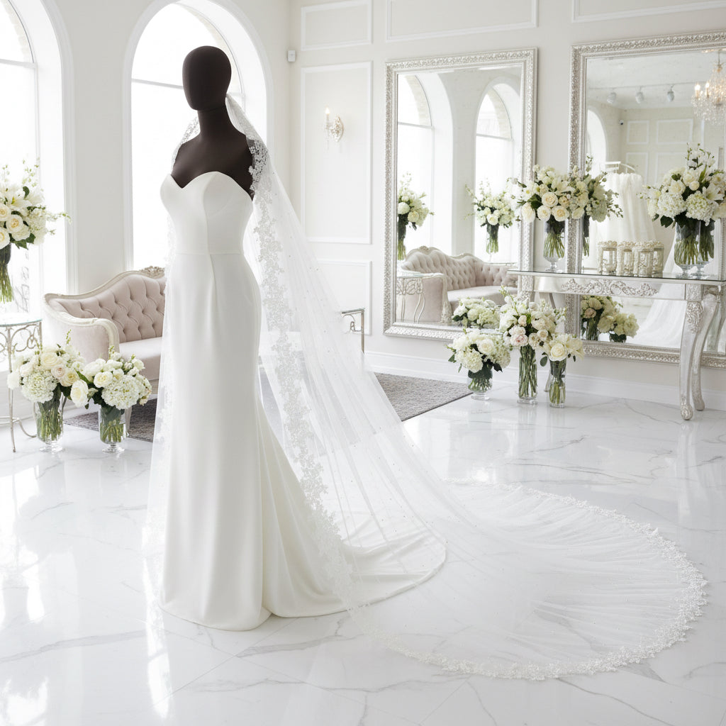 Bridal veil with floral lace trim and pearl-dotted tulle