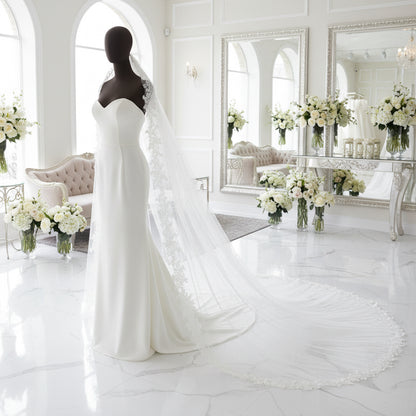 Bridal veil with floral lace trim and pearl-dotted tulle