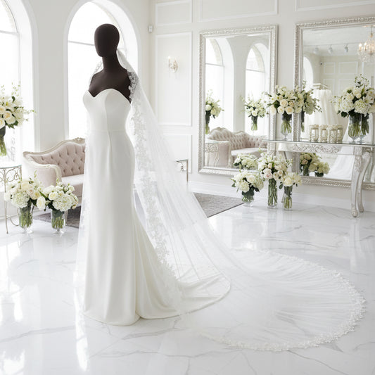 Bridal veil with floral lace trim and pearl-dotted tulle