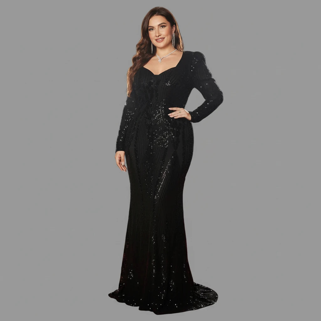 Black sequin mermaid evening gown, long sleeves, V-neck, fitted maxi silhouette.