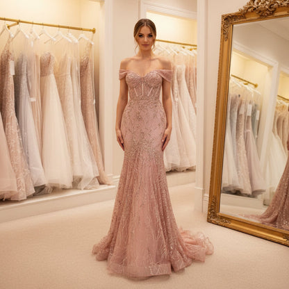Pink off-shoulder sequin mermaid evening gown with sweetheart neckline