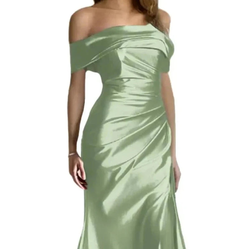 Sage green off-shoulder satin mermaid formal dress with ruched bodice